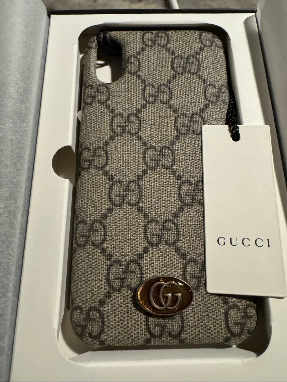 Gucci Beige & Brown Monogram Canvas Phone Case with Gold GG Accent